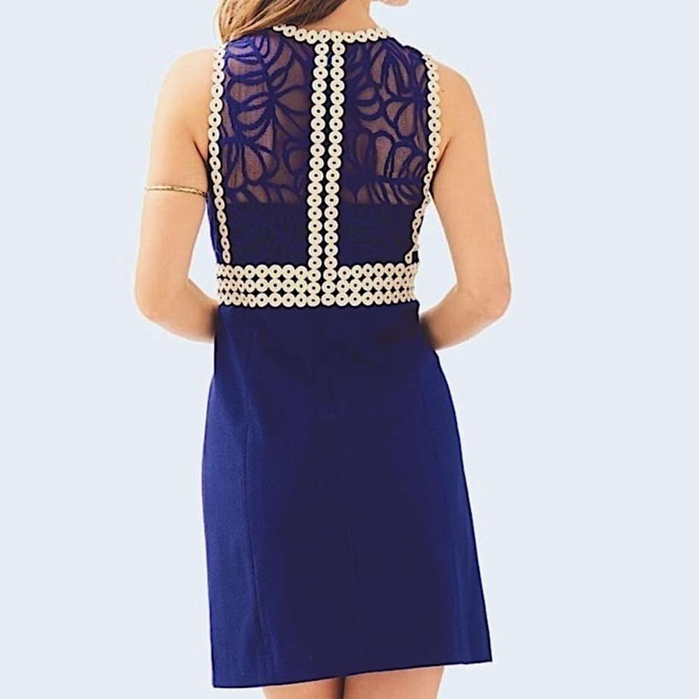 RARE💙Lilly Pulitzer Leigh Stretch Shift Dress True Navy Size 00 gold blue lace - Picture 4 of 16